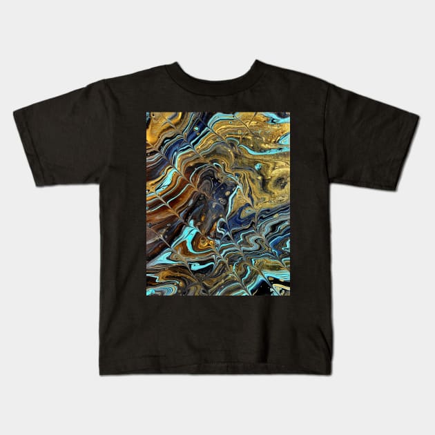 Gold Blues - Abstract Acrylic Pour Painting Kids T-Shirt by dnacademic